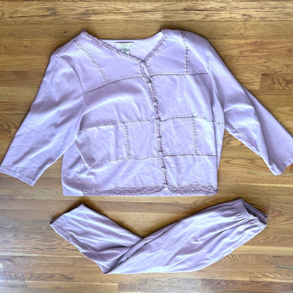 Teddi Woman Lavender Purple 2 Piece Pant Set Lace Trim Button Cardigan Plus 1X